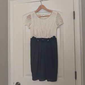 Blue and White Sheath Dress with Puff Cap Sleeves